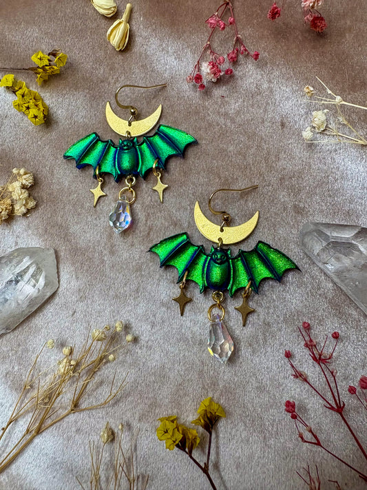 Green Sparkle Bat Earrings