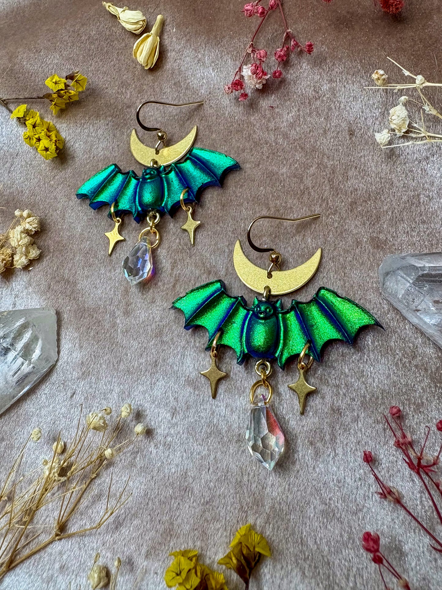Green Sparkle Bat Earrings