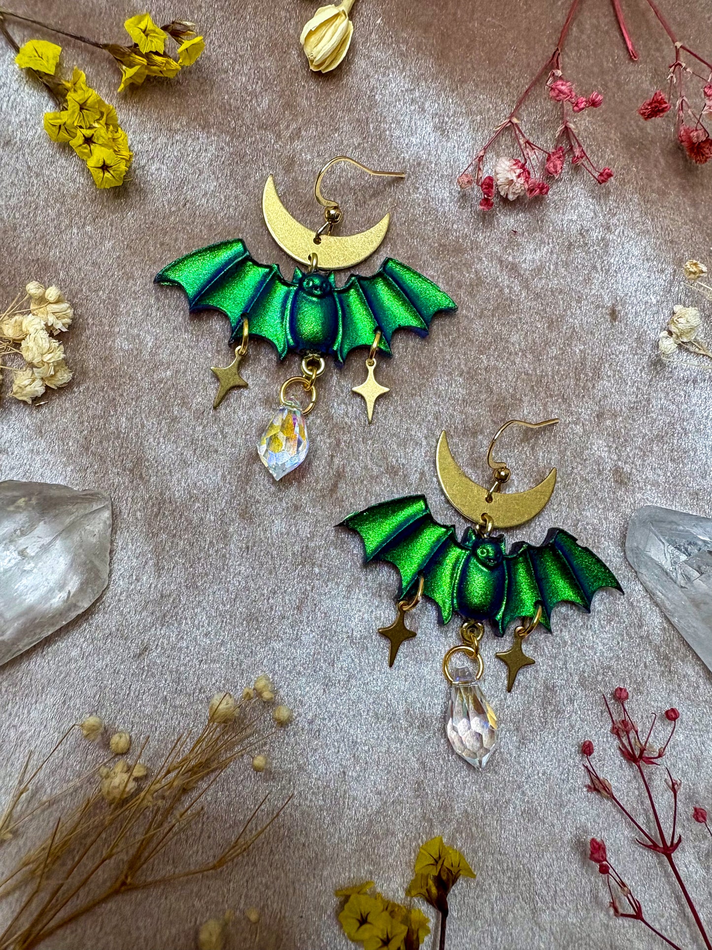 Green Sparkle Bat Earrings