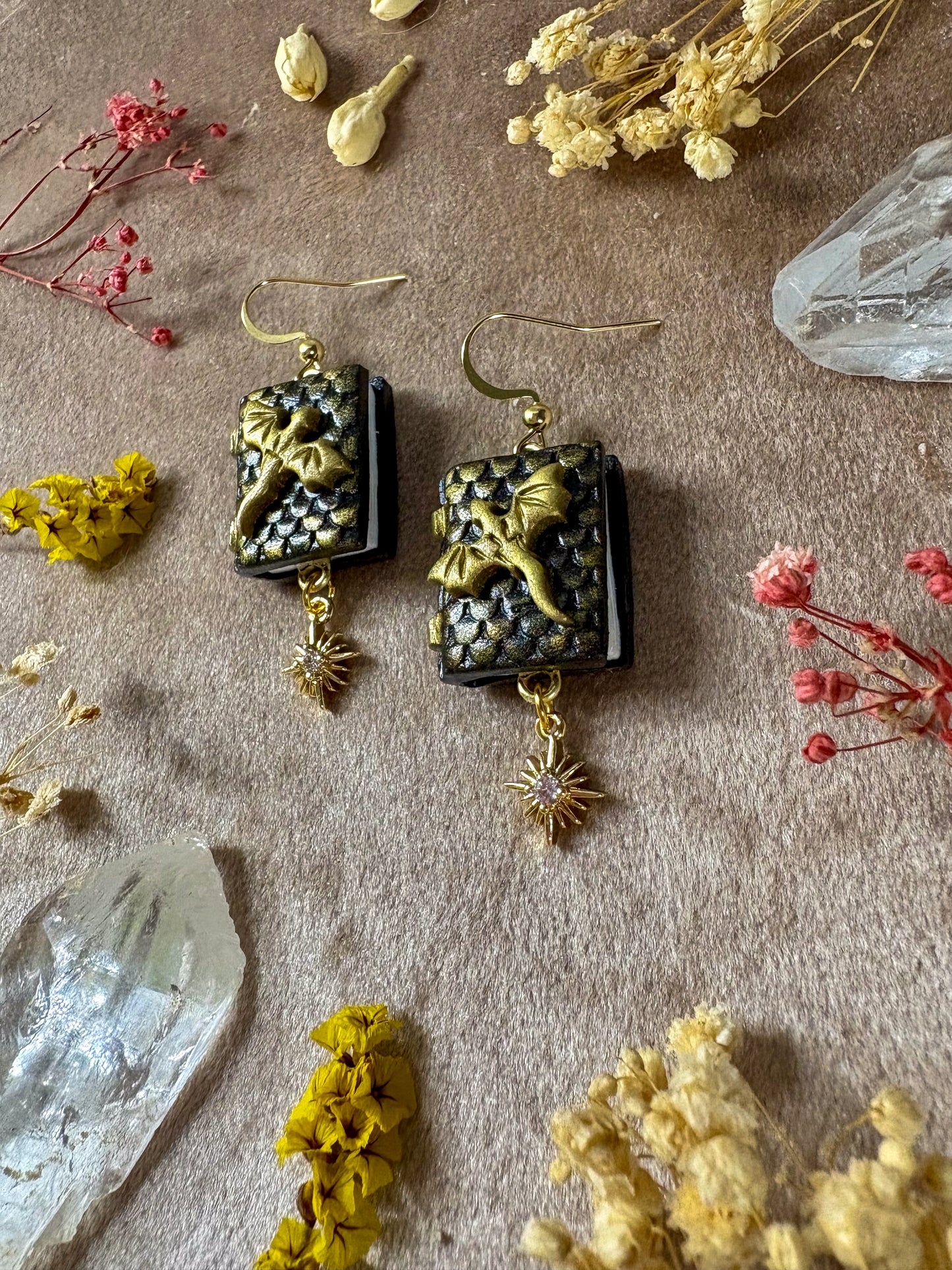 Black and Gold Dragon Book Earrings