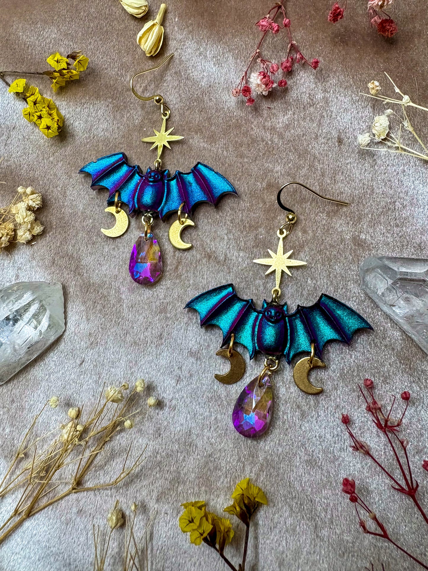 Purple and Teal Moon Bat Earrings