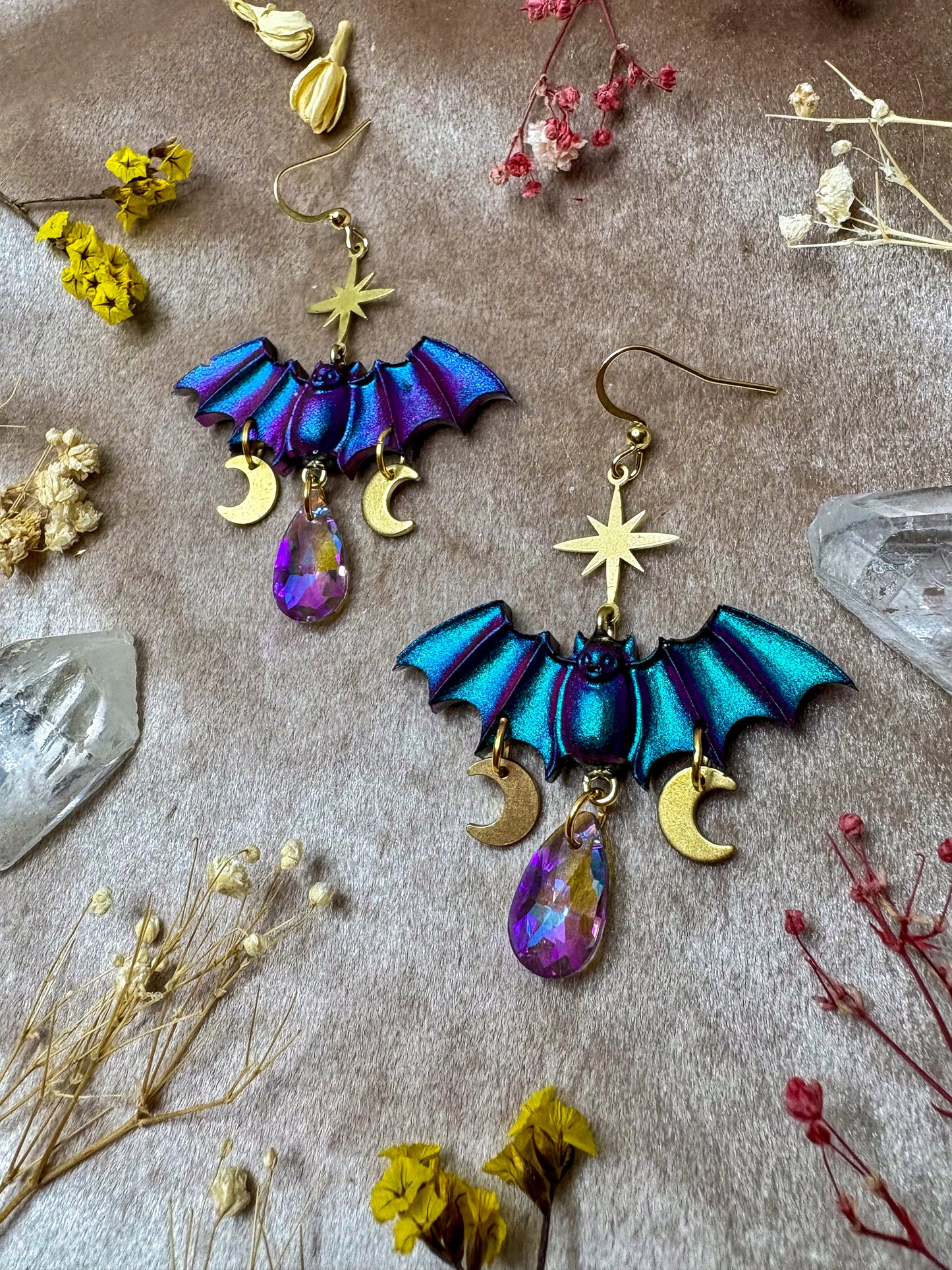 Purple and Teal Moon Bat Earrings