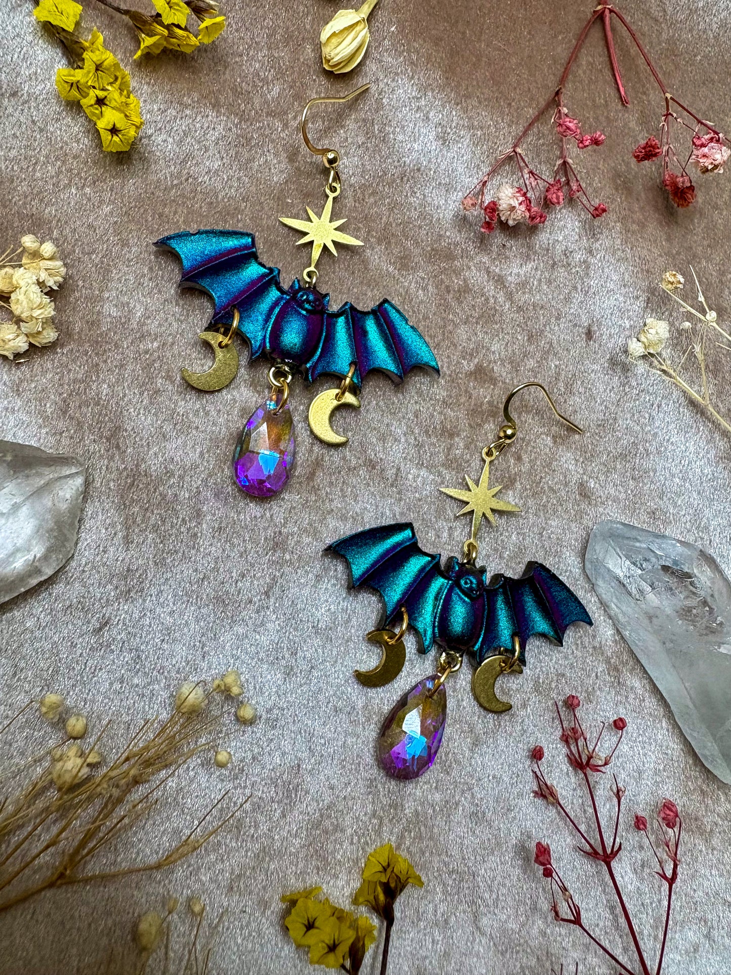 Purple and Teal Moon Bat Earrings