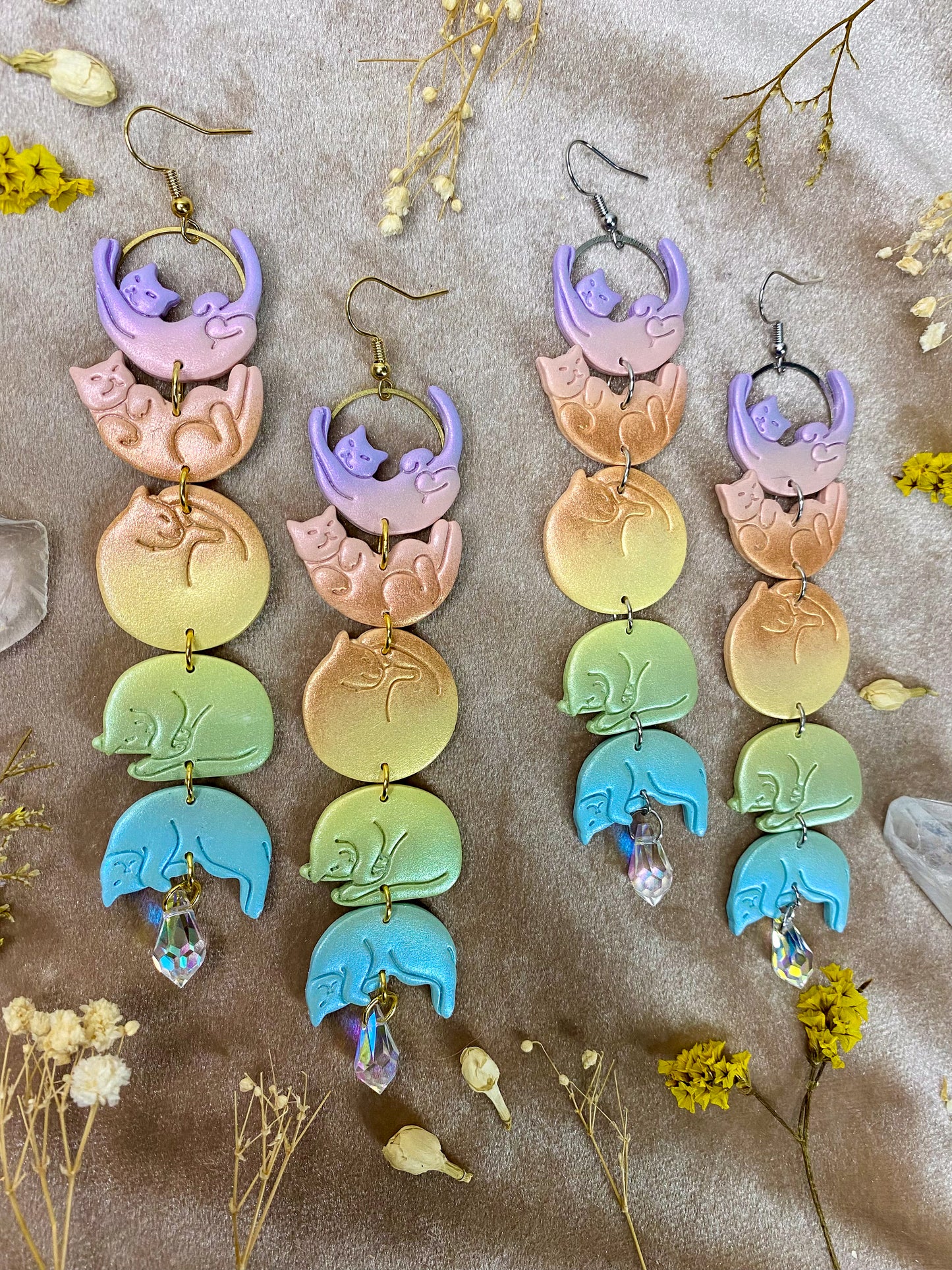 Cat Moon Phase Earrings - Pastel Rainbow