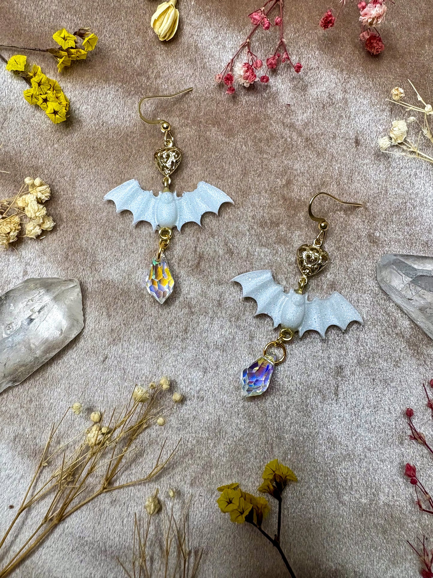 White Lace Bat Earrings