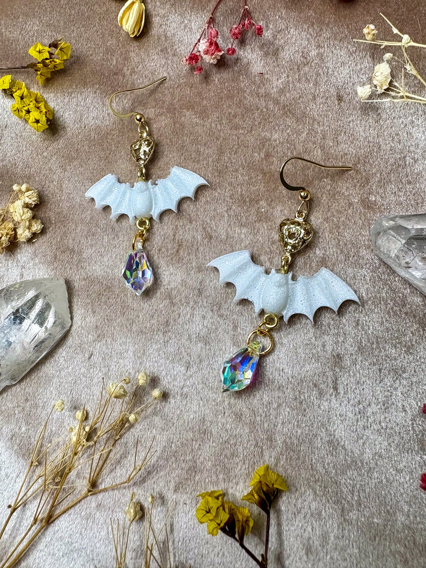 White Lace Bat Earrings
