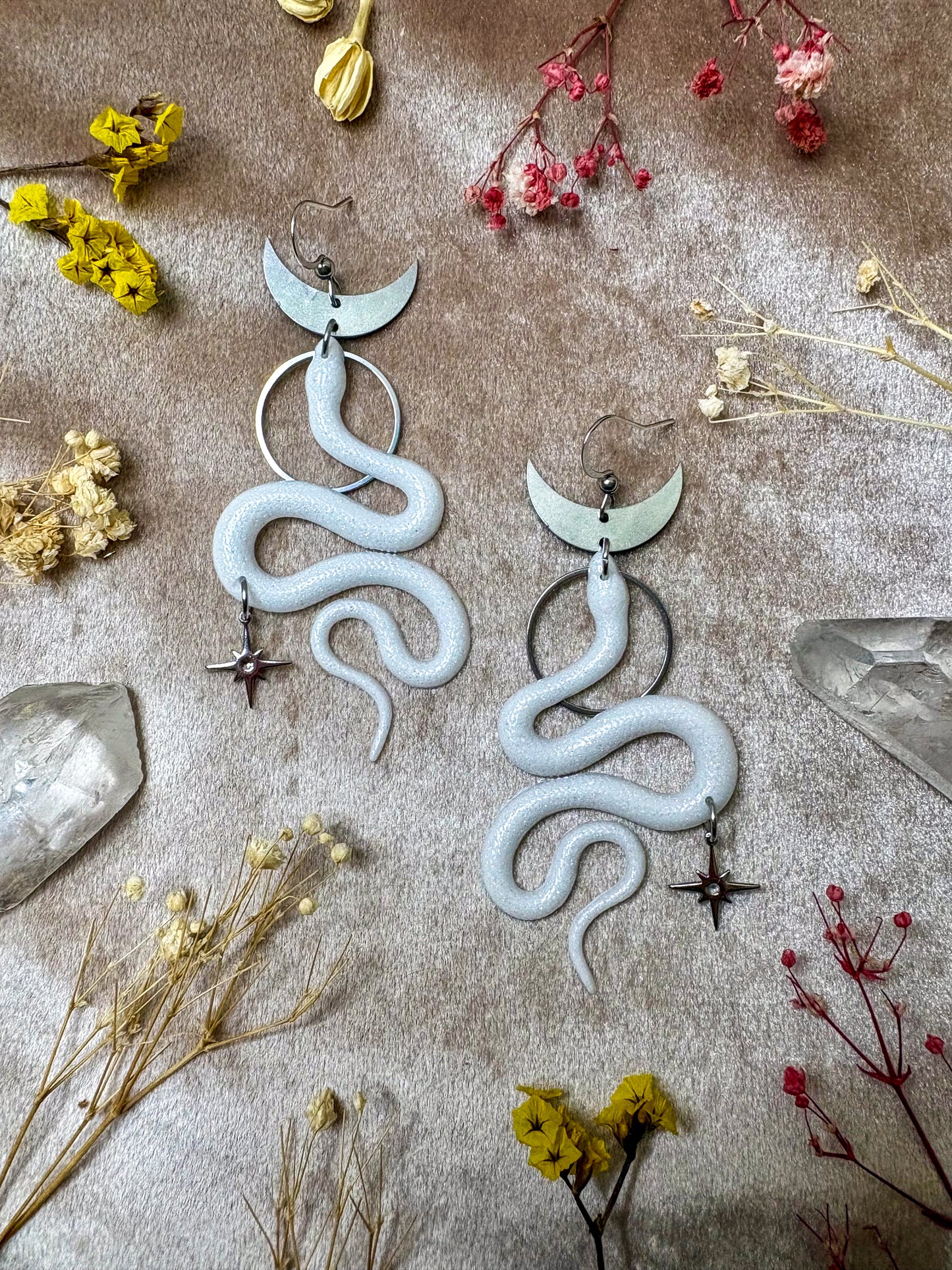 White Silver Snake Earrings