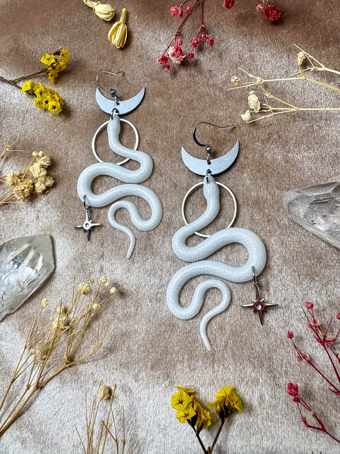 White Silver Snake Earrings
