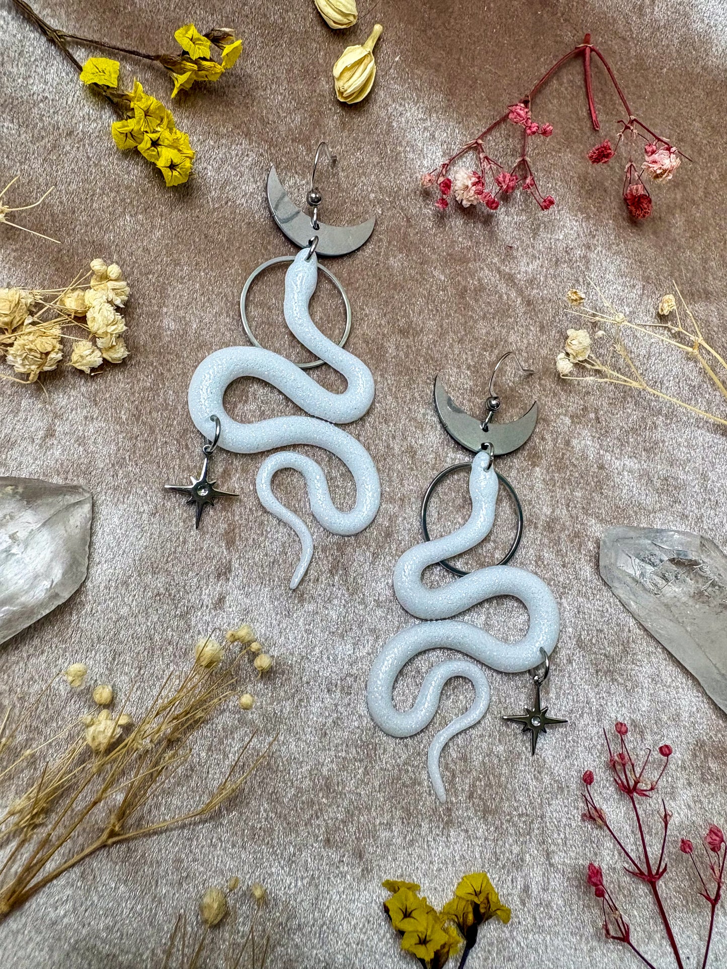 White Silver Snake Earrings