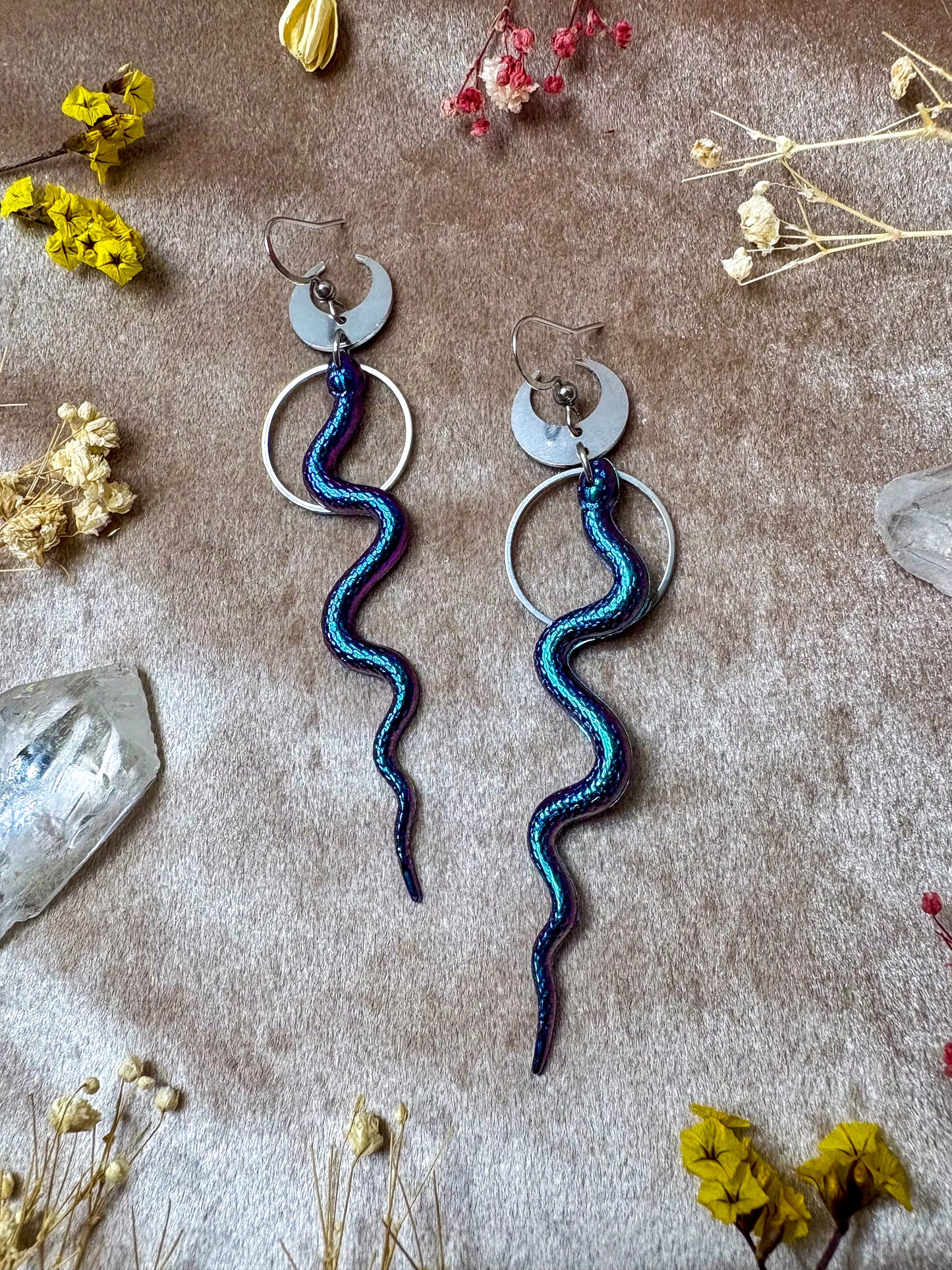 Rainbow Slithering Silver Snake Earrings