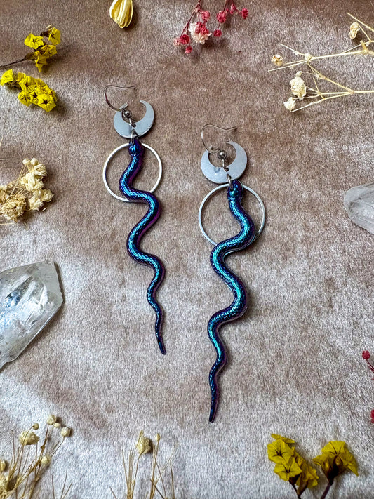 Rainbow Slithering Silver Snake Earrings