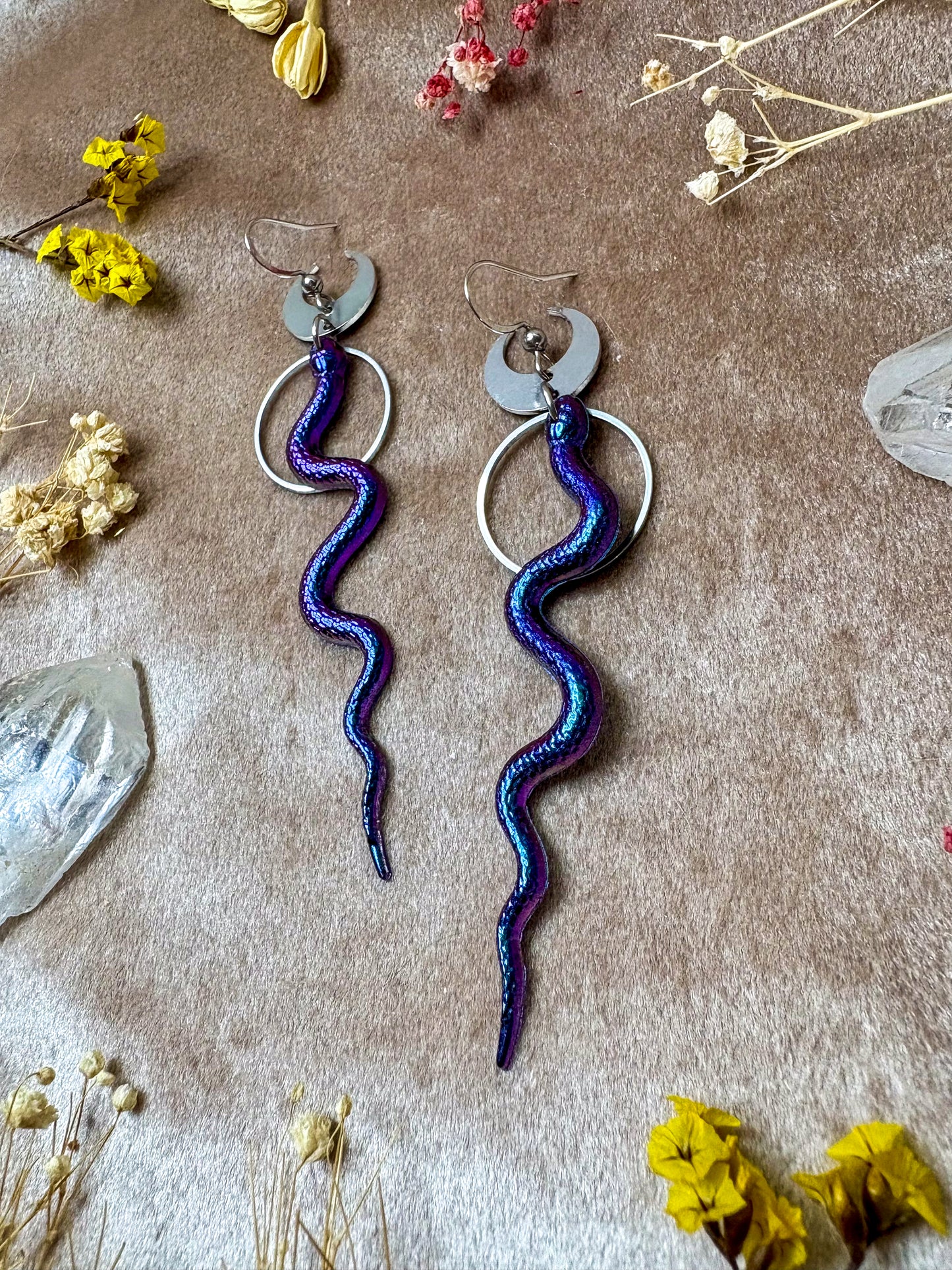 Rainbow Slithering Silver Snake Earrings