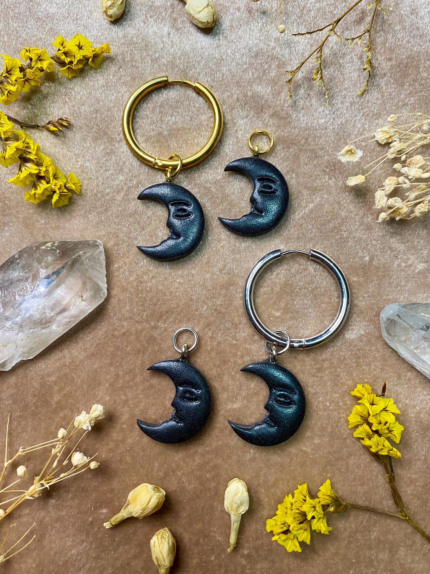 polymer clay moon charm dangle earrings