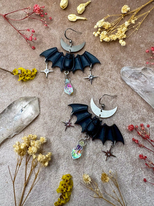 Black Bat Earrings (Silver)