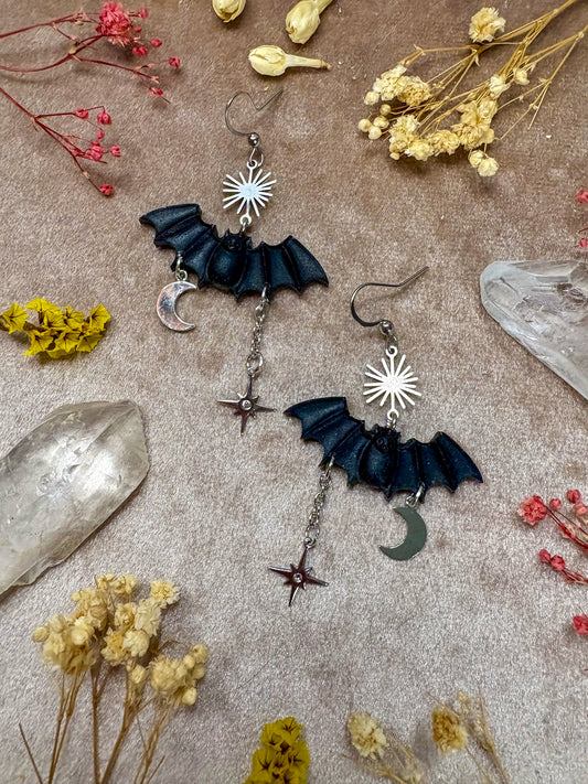 Small Silver Black Bat Earrings