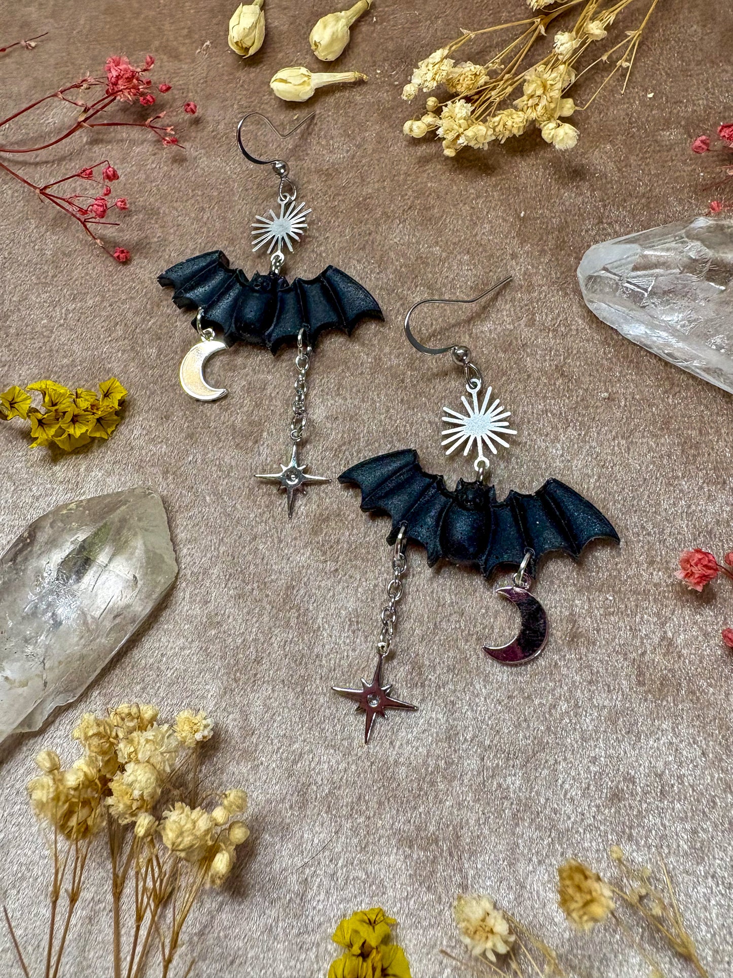 Small Silver Black Bat Earrings