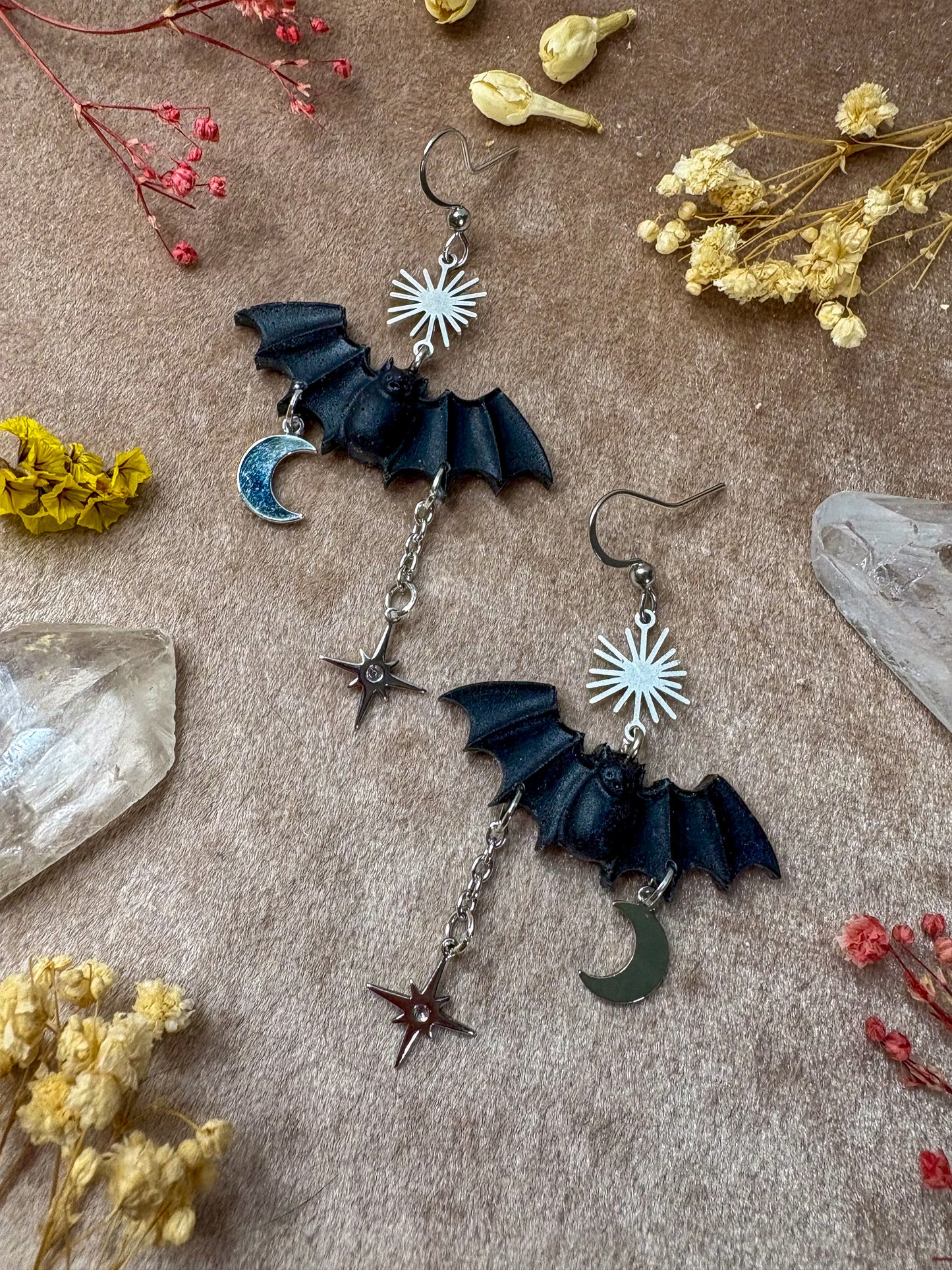 Small Silver Black Bat Earrings