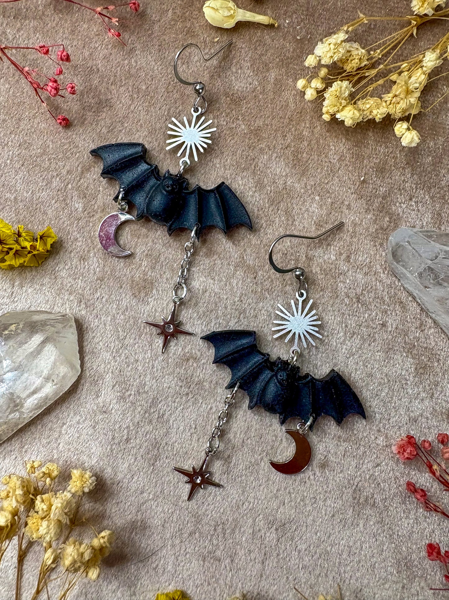 Small Silver Black Bat Earrings
