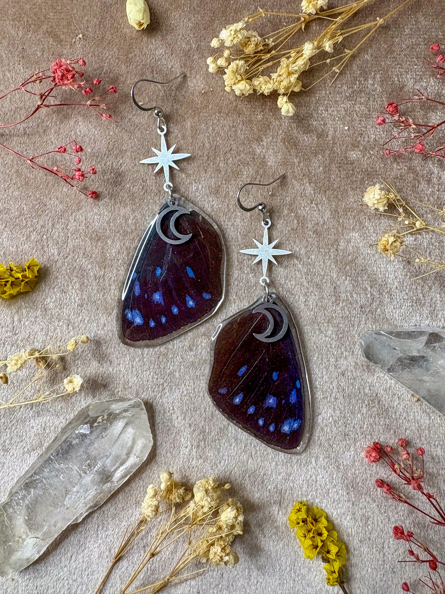 Striped Blue Crow Butterfly Wing Earrings (Silver)