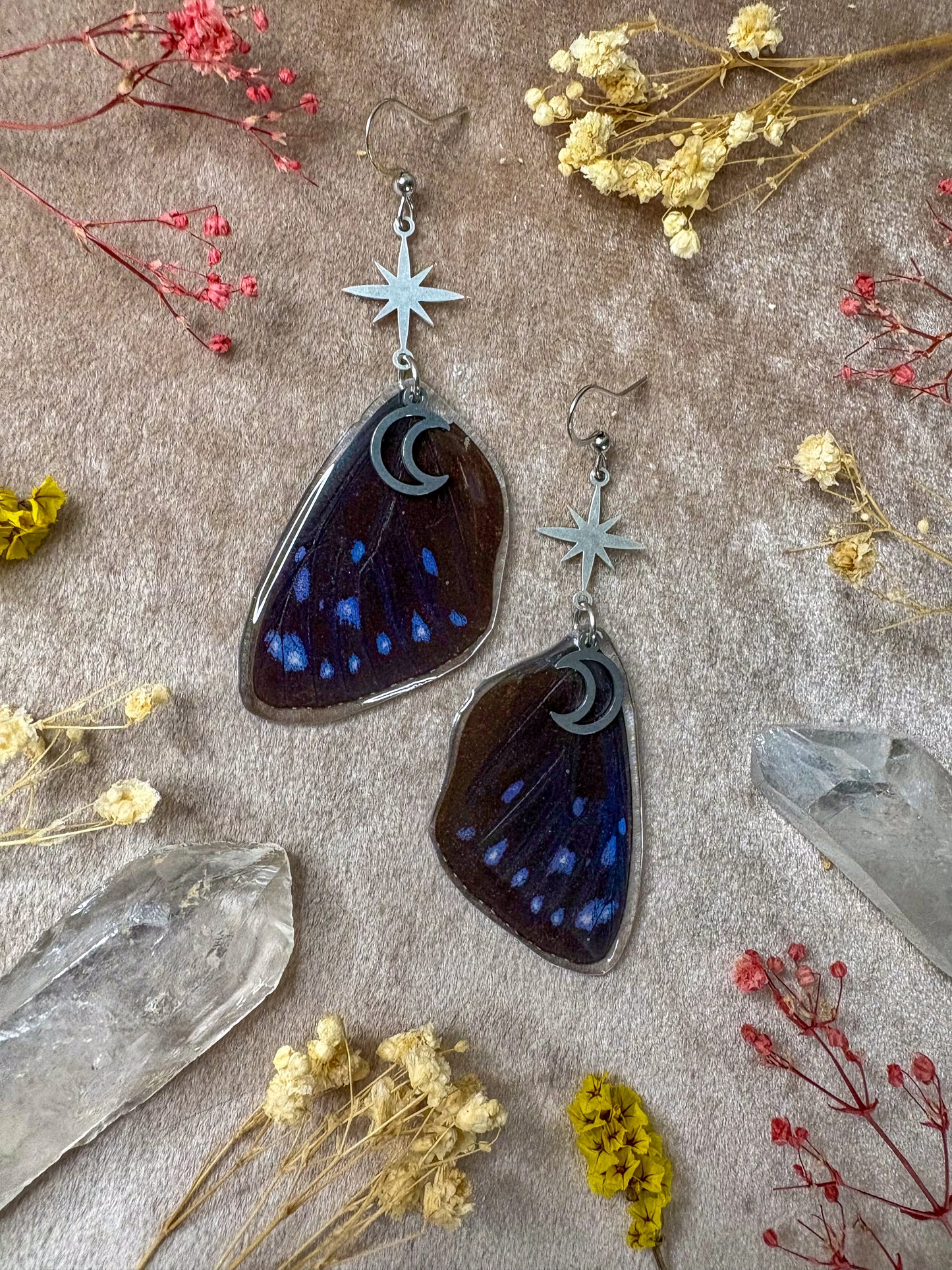 Striped Blue Crow Butterfly Wing Earrings (Silver)
