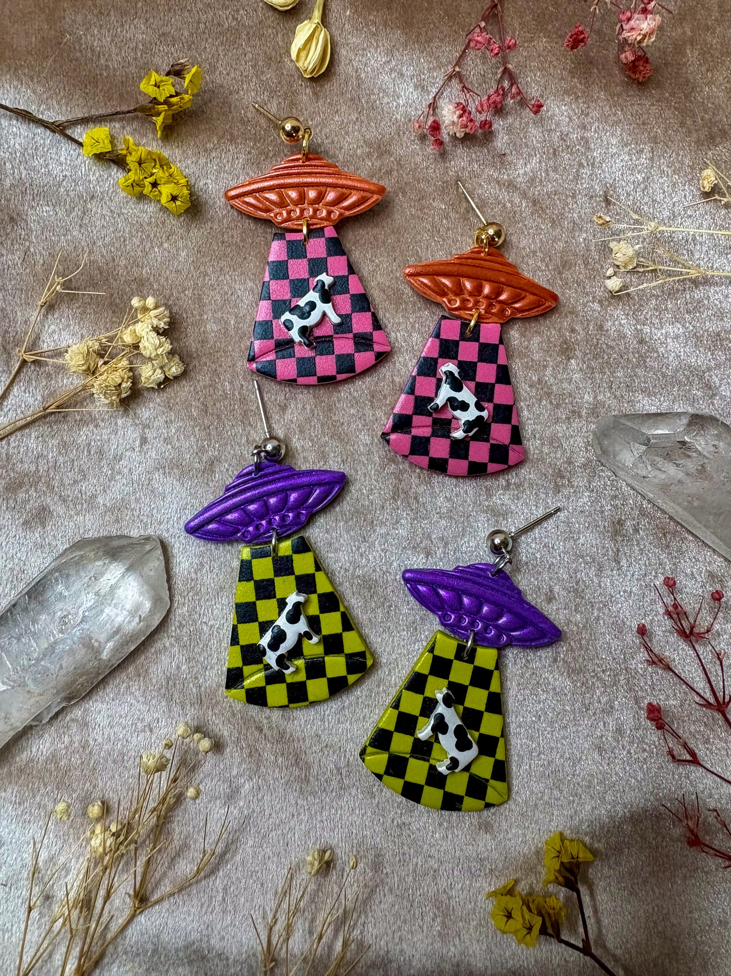 Neon Checkered Alien Abduction Earrings