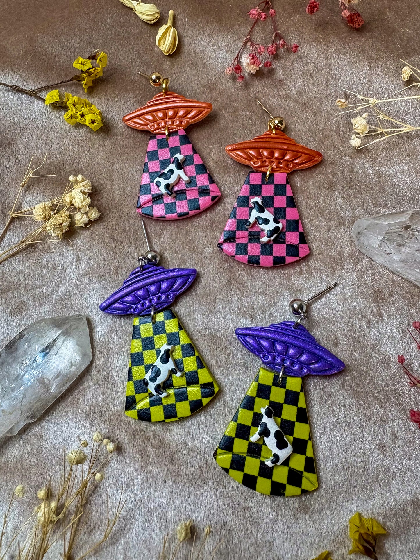 Neon Checkered Alien Abduction Earrings