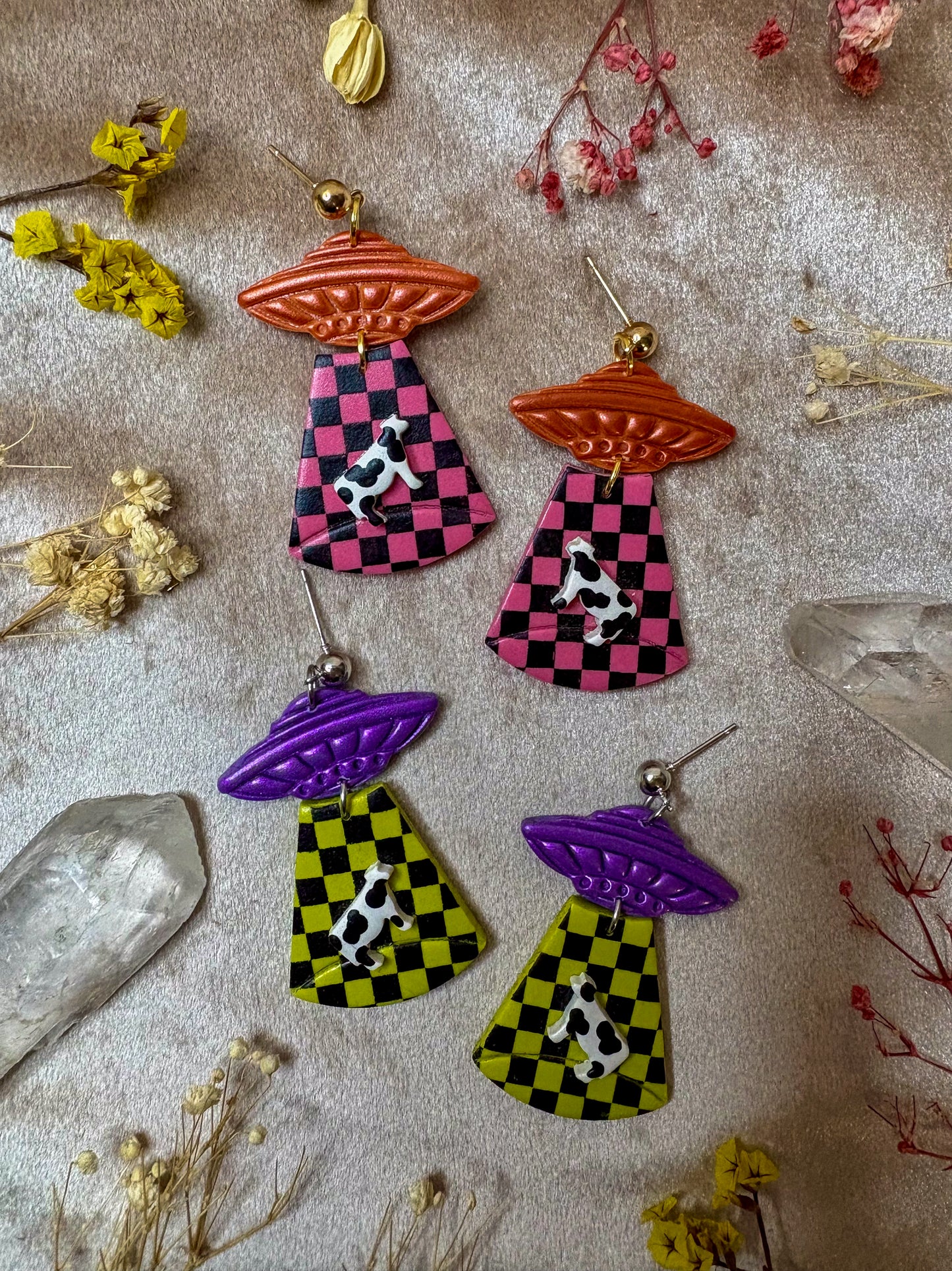 Neon Checkered Alien Abduction Earrings