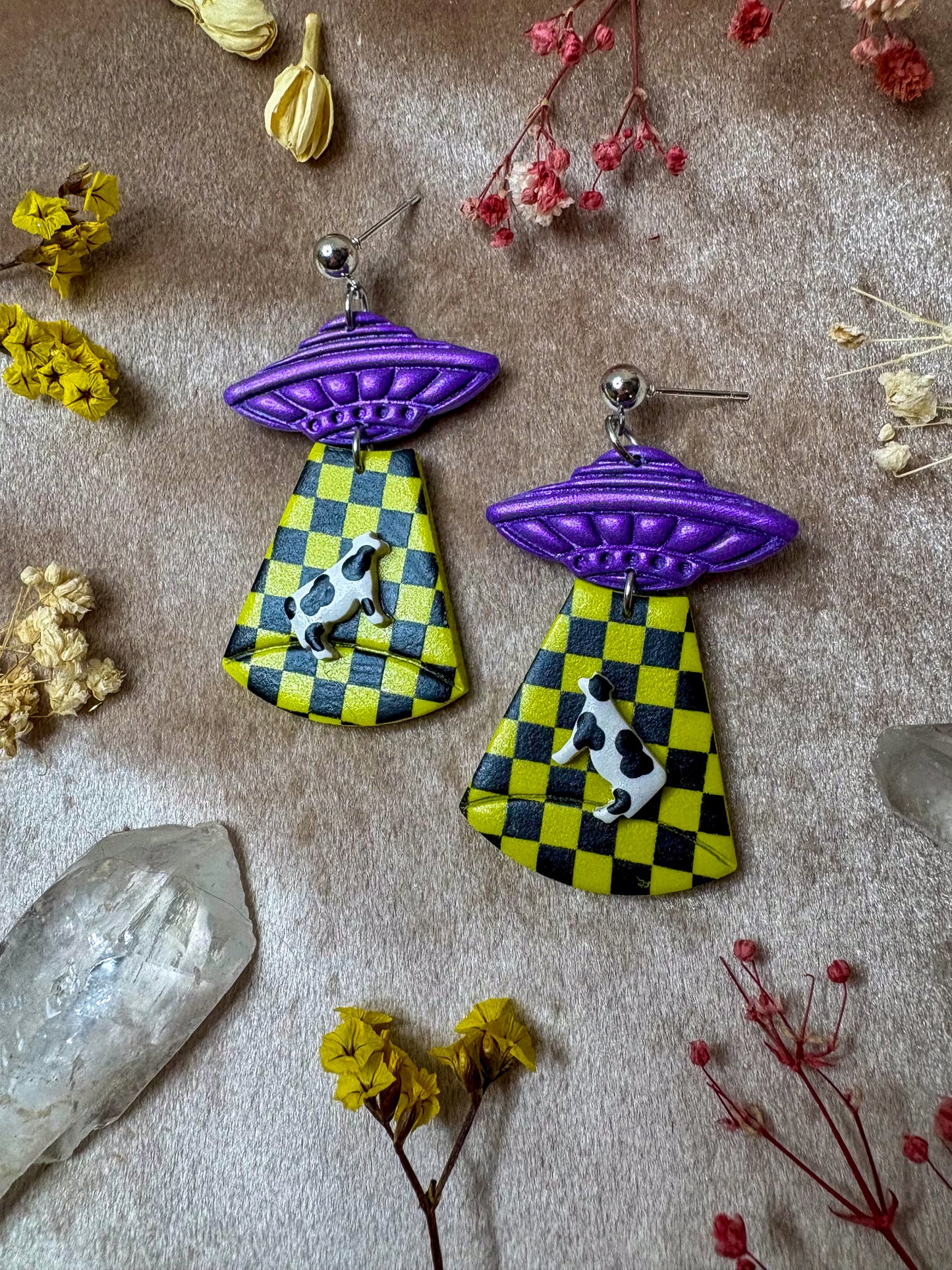 Neon Checkered Alien Abduction Earrings
