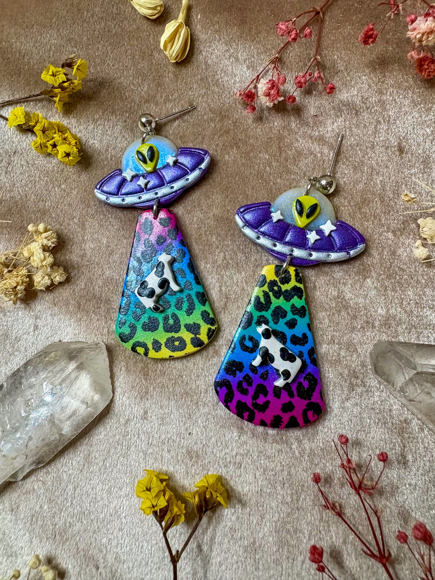 Rainbow Leopard Alien Abduction Earrings