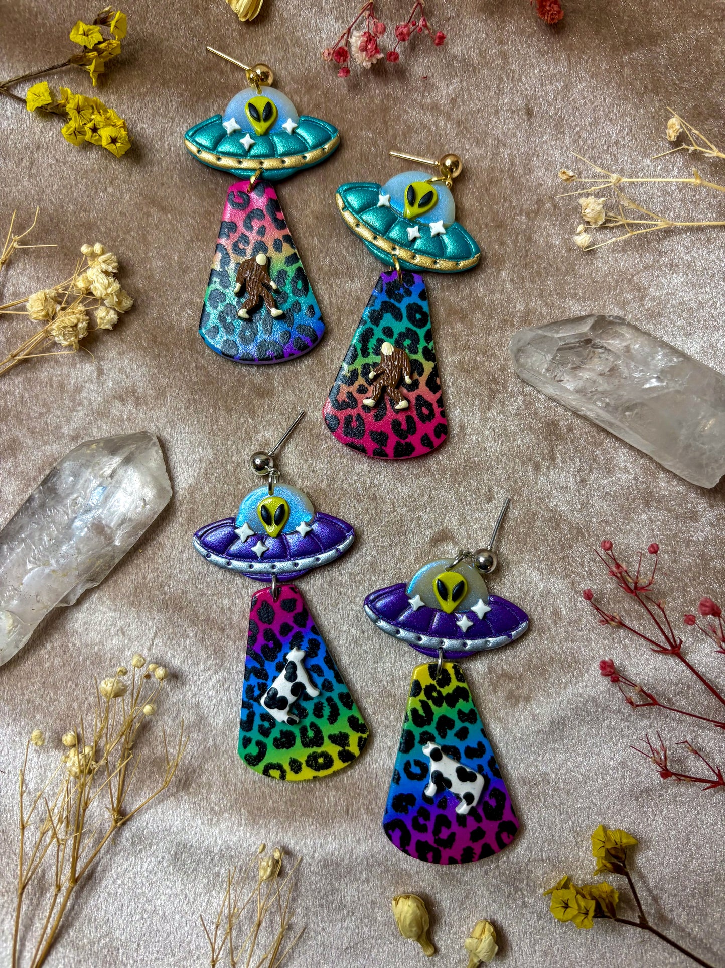 Rainbow Leopard Alien Abduction Earrings