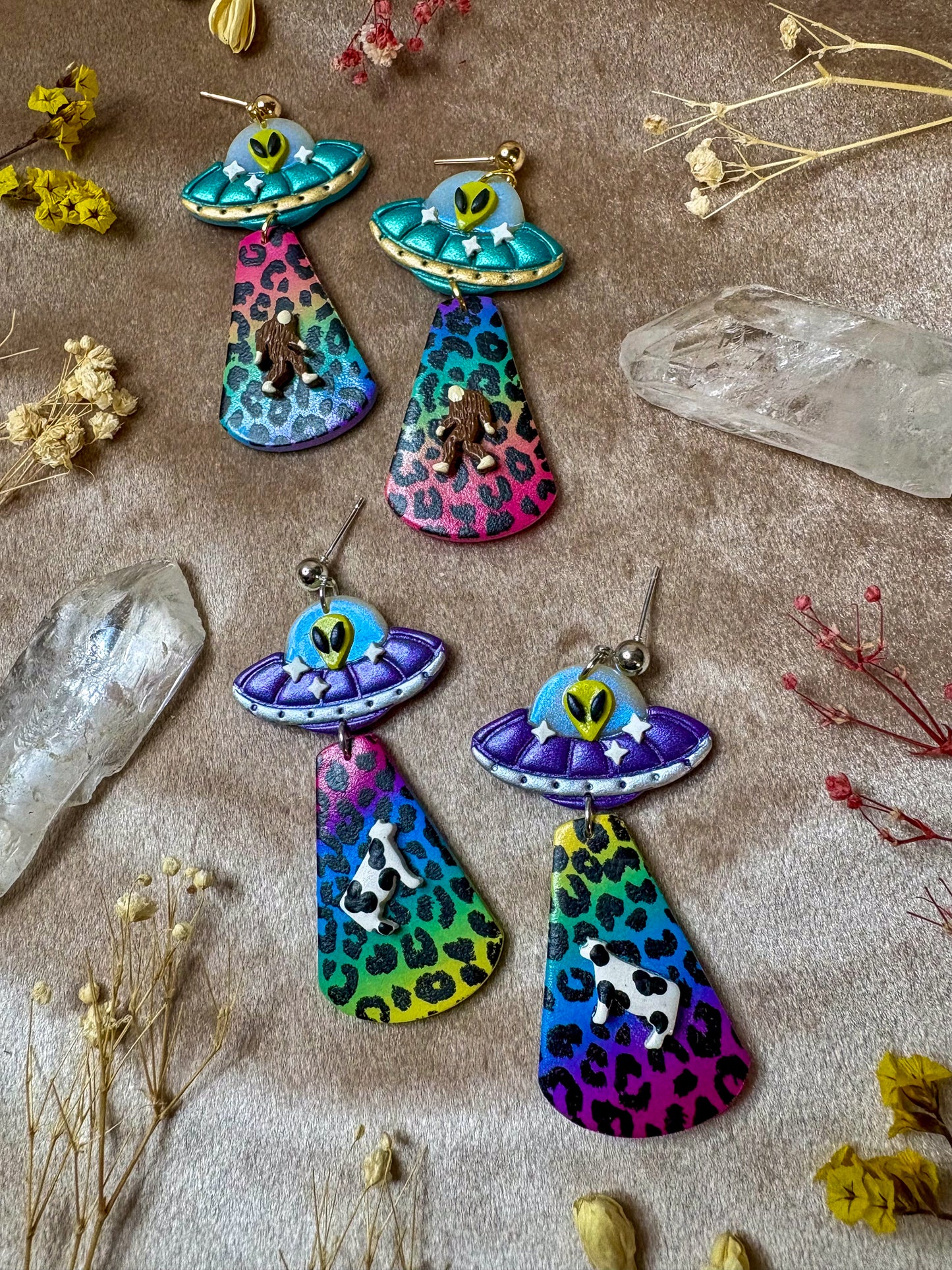 Rainbow Leopard Alien Abduction Earrings