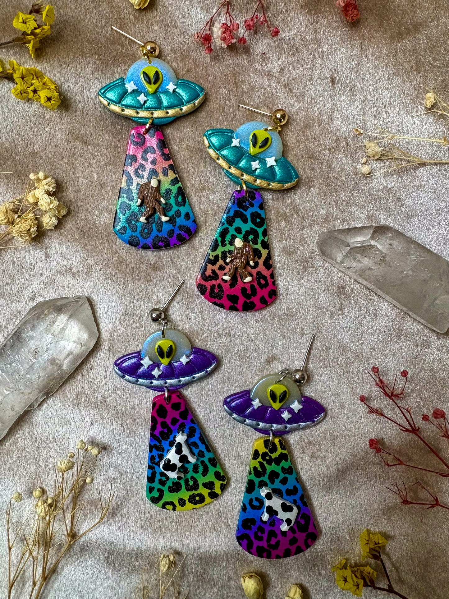Rainbow Leopard Alien Abduction Earrings