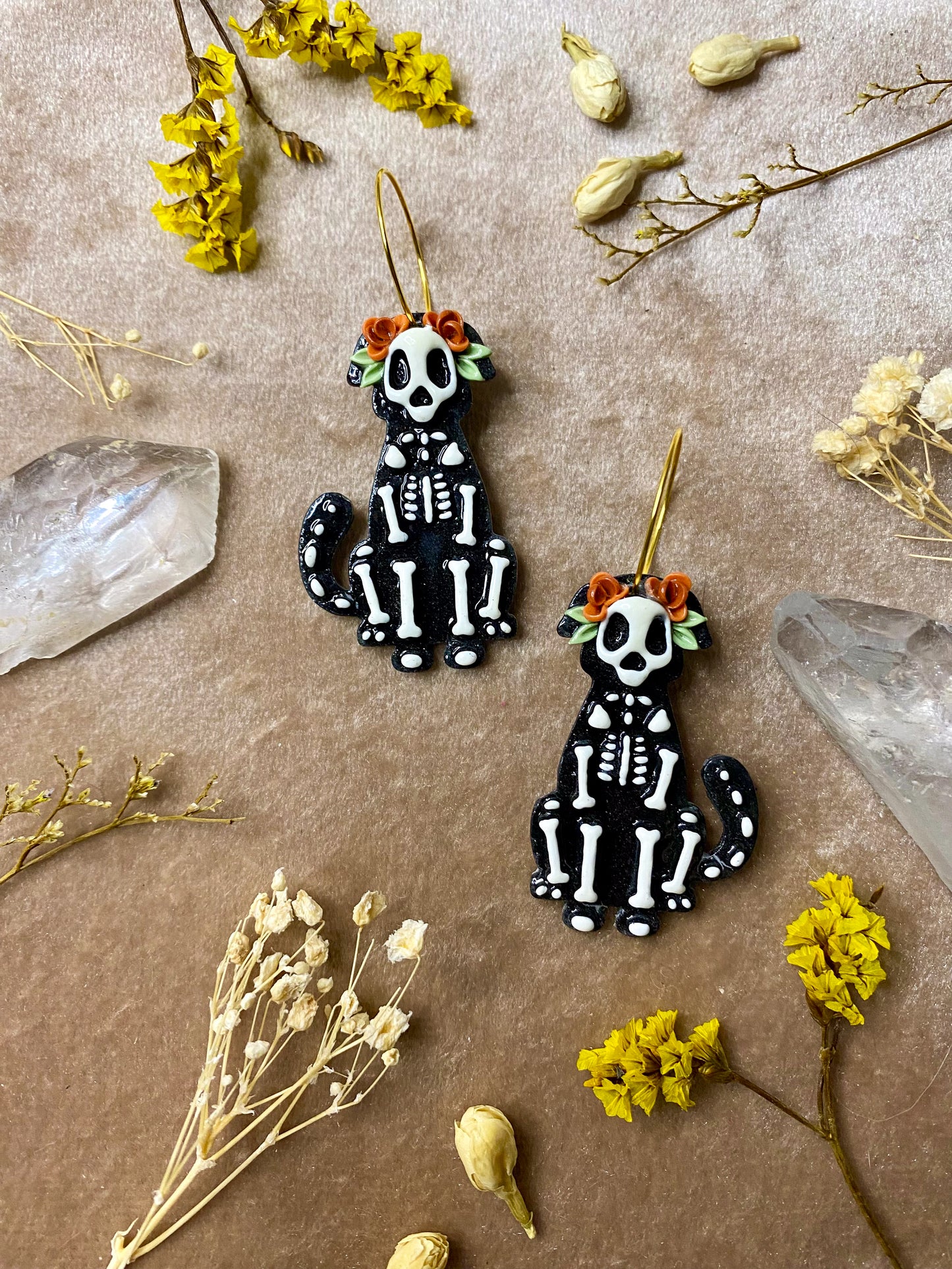 *Glow in the Dark* Floral Dog Skeleton Hoop Earrings