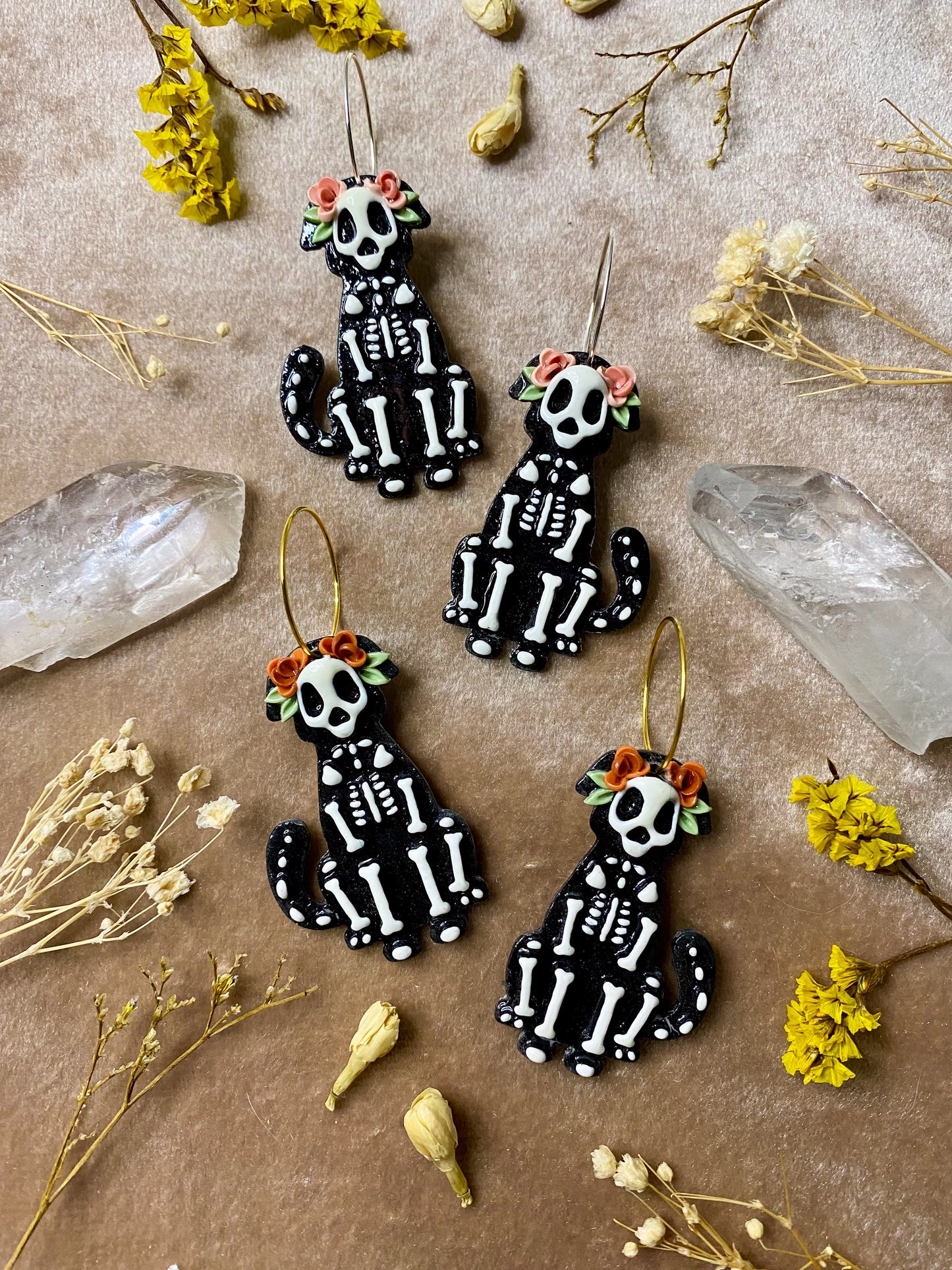 *Glow in the Dark* Floral Dog Skeleton Hoop Earrings