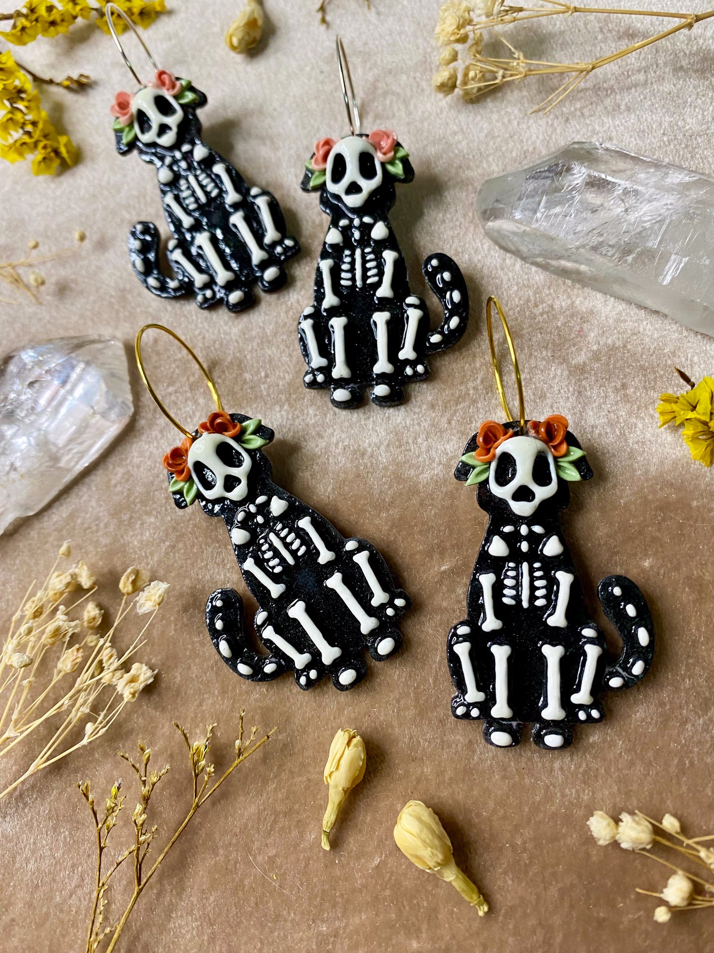 *Glow in the Dark* Floral Dog Skeleton Hoop Earrings