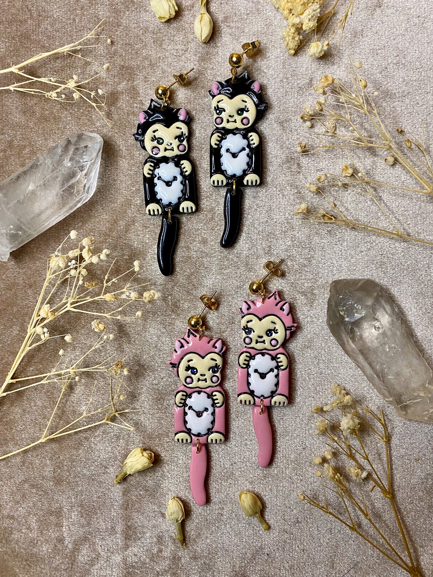 polymer clay and resin retro cat clock dangle earrings