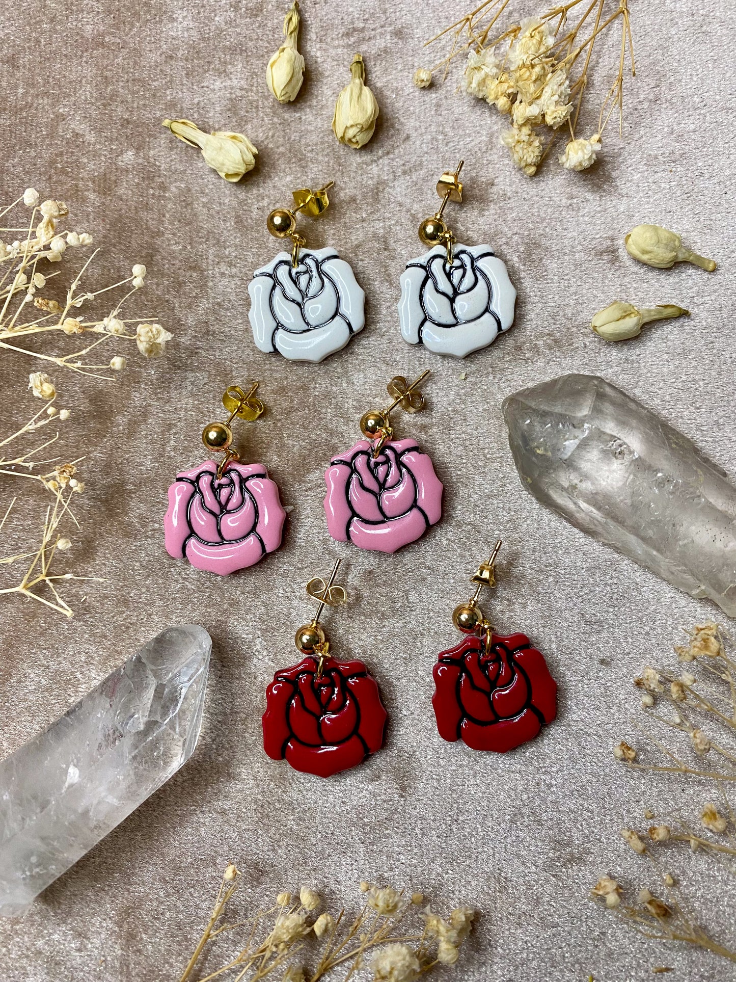 polymer clay and resin rose tattoo earrings