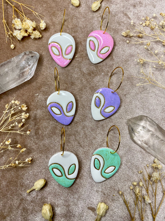polymer clay and resin yin yang alien hoop earrings