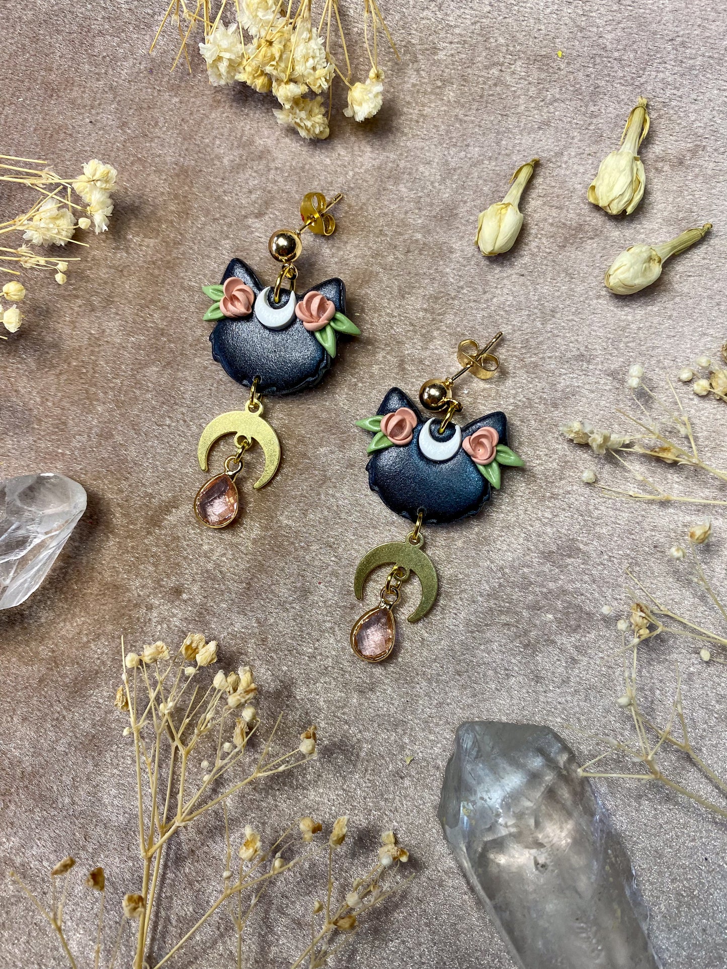 Floral Cat Moon Earrings