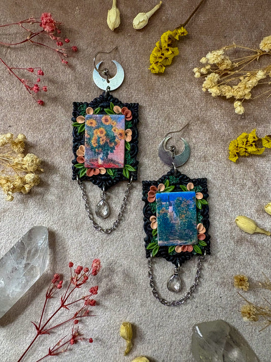 Monet's "Staircase at Vetheuil" and "Bouquet of Sunflowers" Painting Earrings