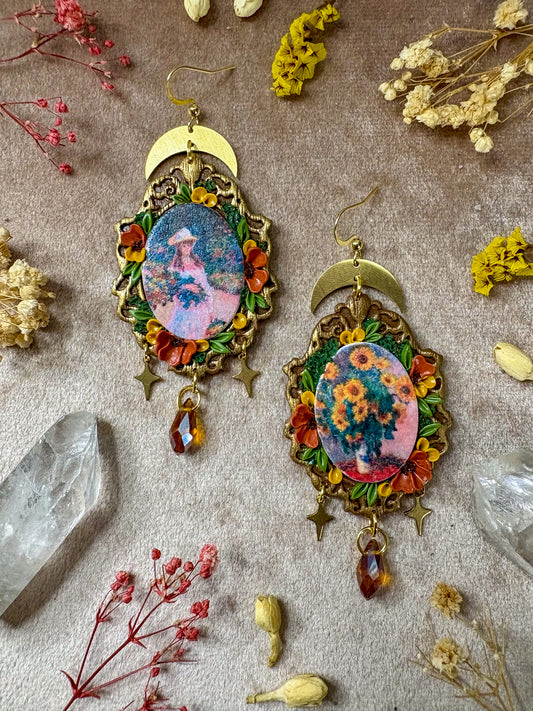 Monet's "Bouquet of Sunflowers" and "Girl in the Garden at Giverny" Painting Earrings
