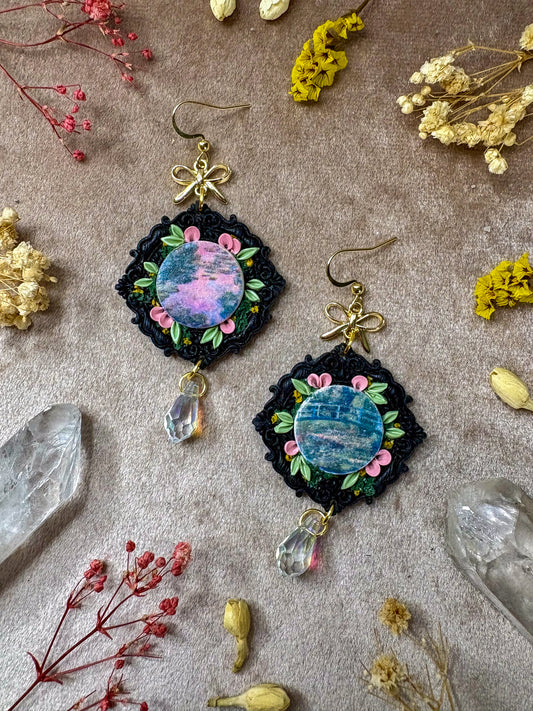 Monet's Water Lilies and Japanese Bridge Art Earrings (Black)