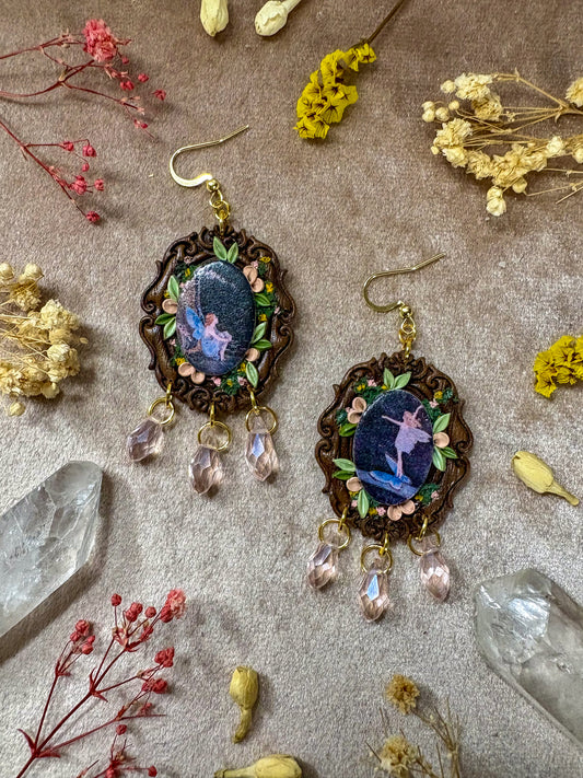 Blue Butterfly Fairy on Wood Fine Art Frame Earrings