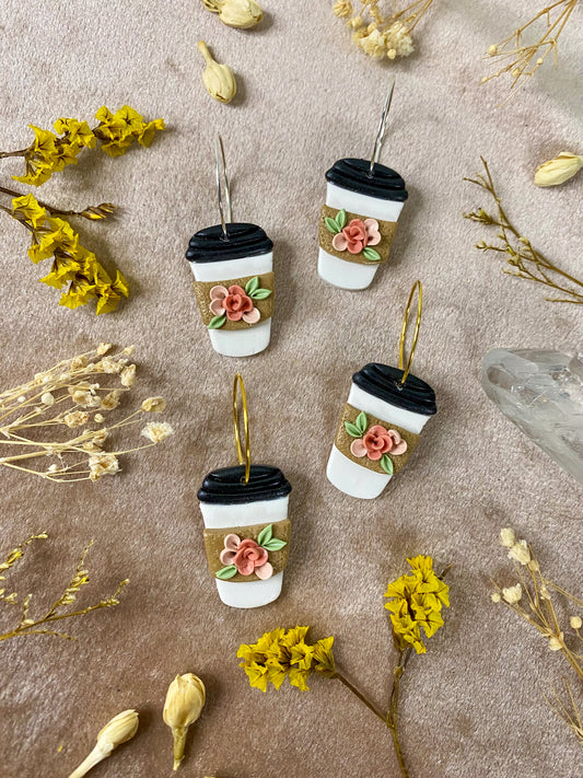 polymer clay floral latte to go cup dangle hoop earrings