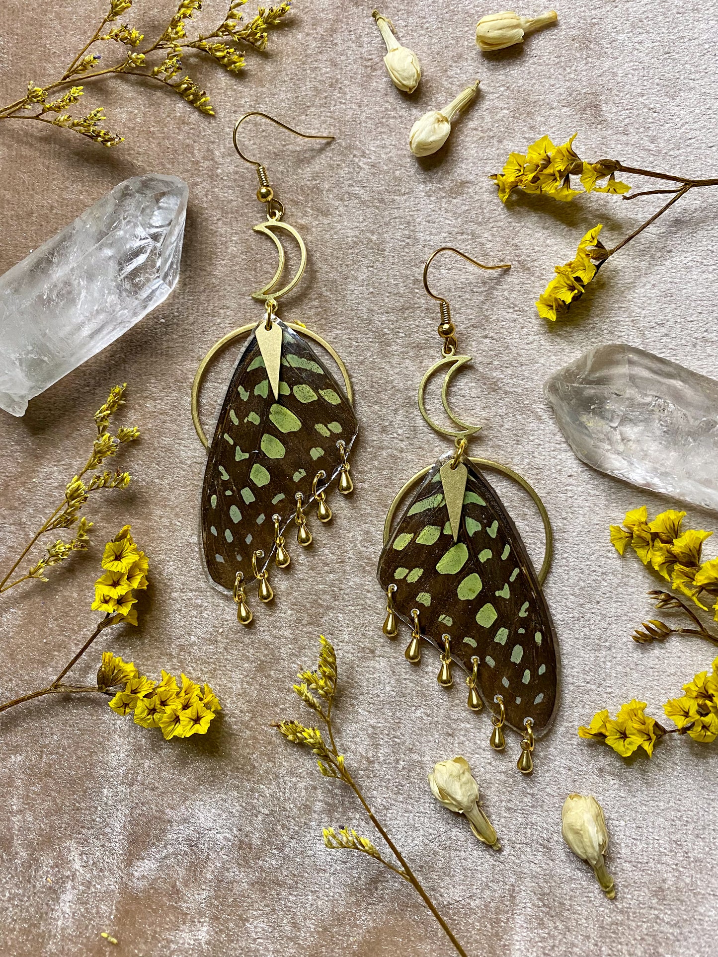 real green spotted triangle butterfly wings in resin earrings