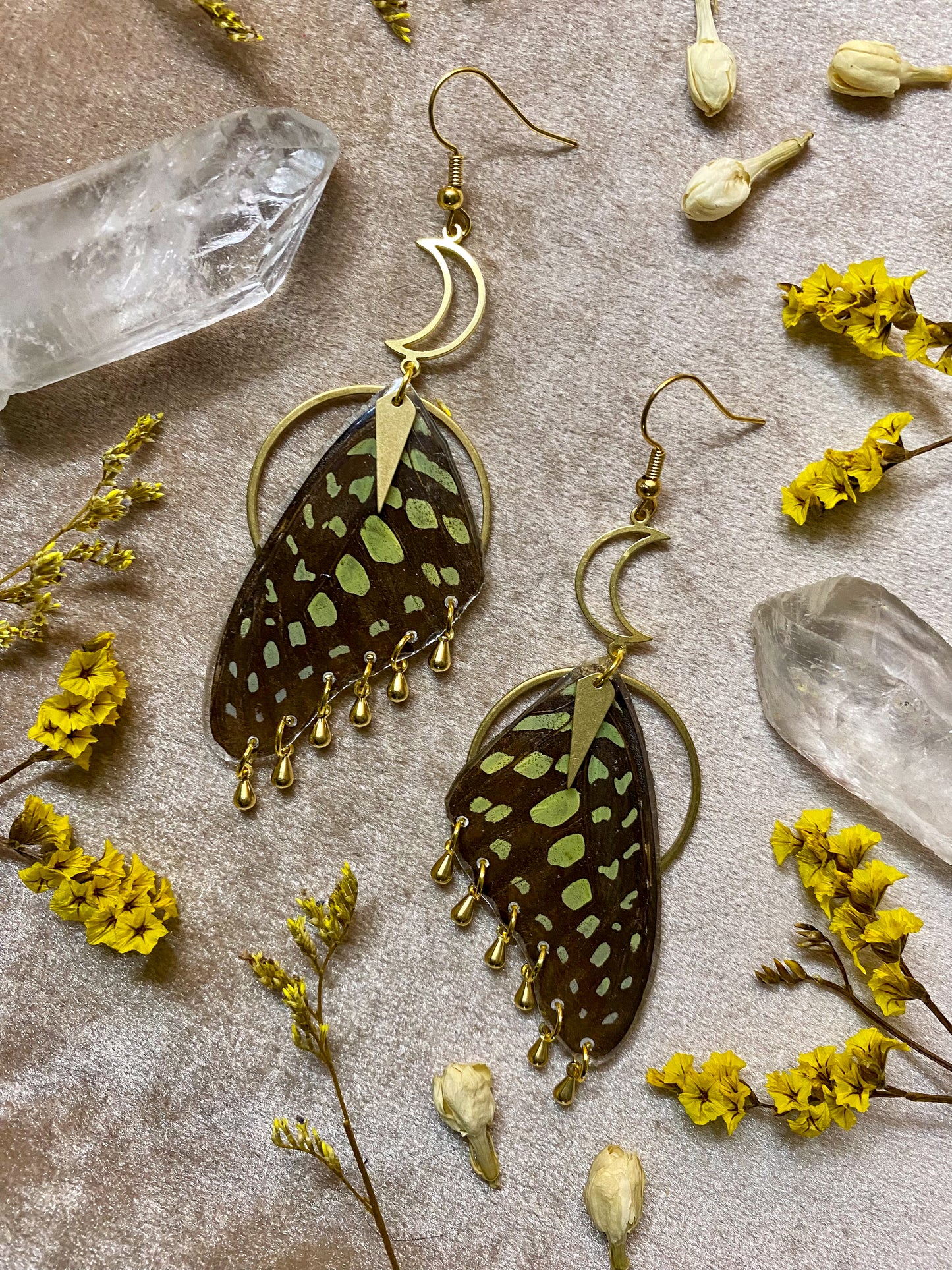 Green Spotted Triangle Butterfly Earrings