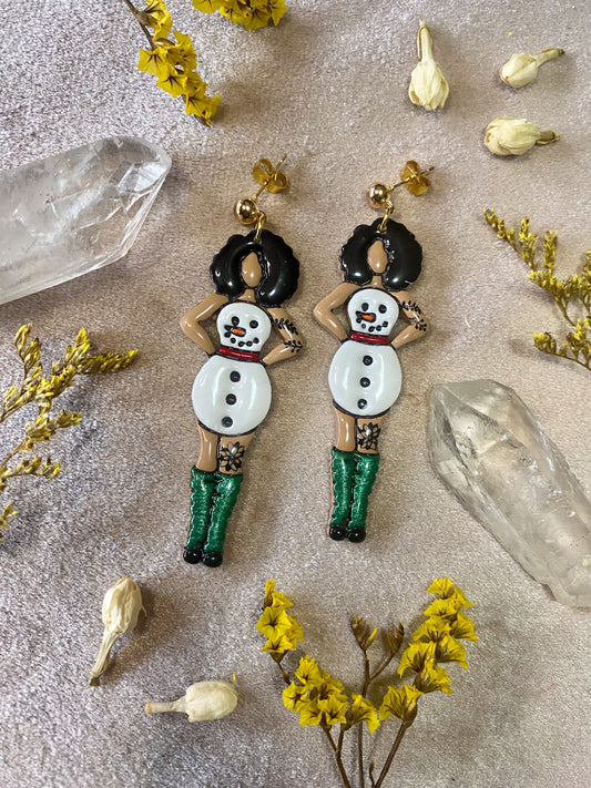polymer clay and resin snowman pinup dangle earrings