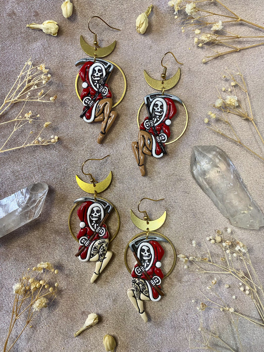 polymer clay and resin grim reaper santa pinup dangle earrings