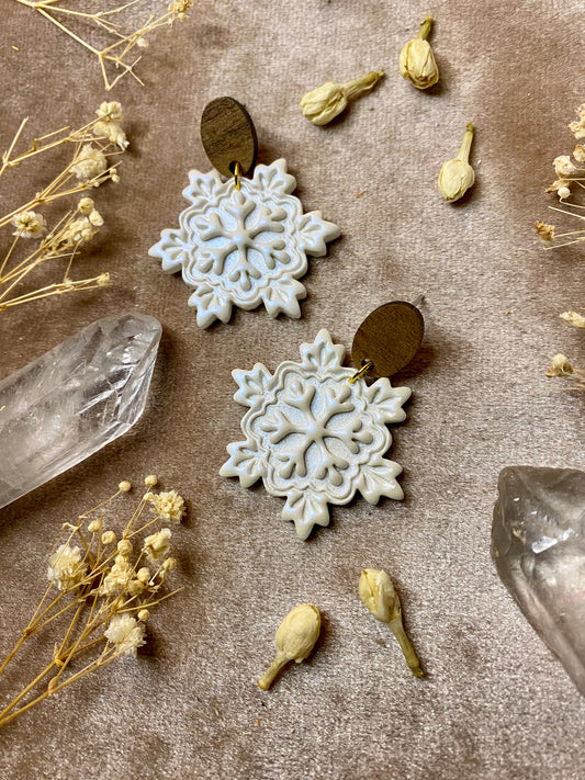 polymer clay iridescent snowflake dangle earrings