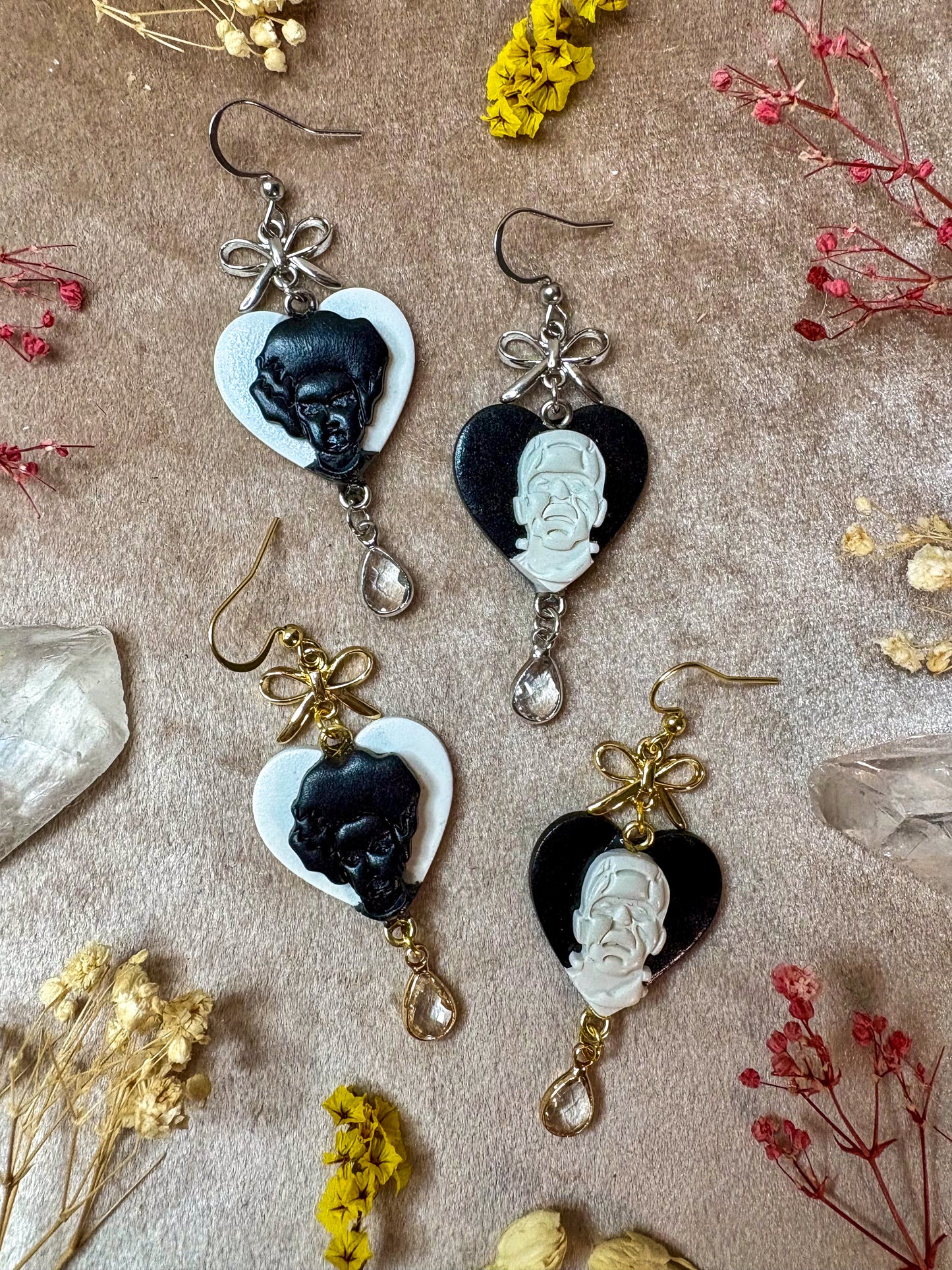 Black and White Franken-Couple Earrings